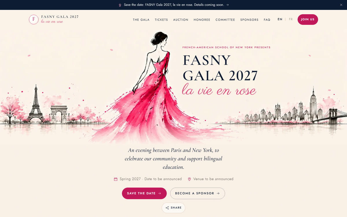 Site internet du FASNY Gala 2027 « la vie en rose », French-American School of New York
